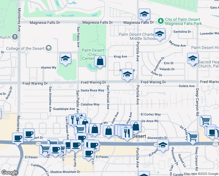 map of restaurants, bars, coffee shops, grocery stores, and more near 73775 Santa Rosa Way in Palm Desert