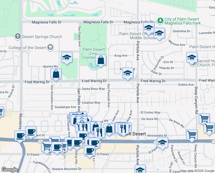 map of restaurants, bars, coffee shops, grocery stores, and more near 73697 Santa Rosa Way in Palm Desert