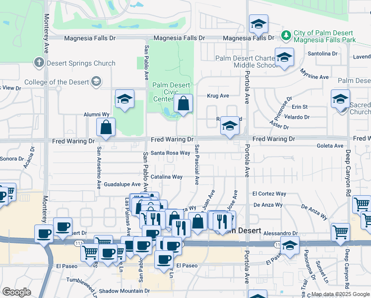 map of restaurants, bars, coffee shops, grocery stores, and more near 73697 Santa Rosa Way in Palm Desert