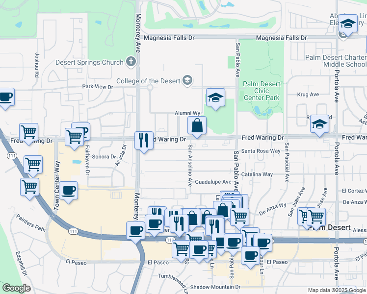 map of restaurants, bars, coffee shops, grocery stores, and more near 73261 Santa Rosa Way in Palm Desert