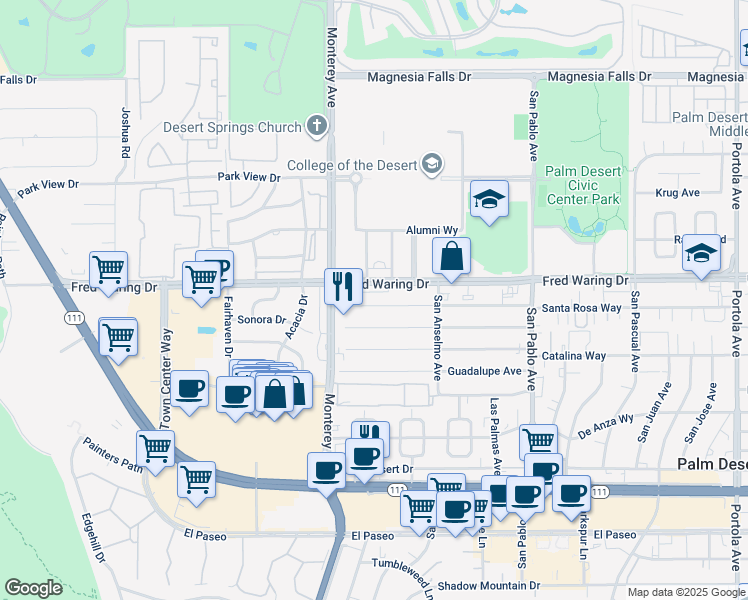 map of restaurants, bars, coffee shops, grocery stores, and more near 73100 Santa Rosa Way in Palm Desert