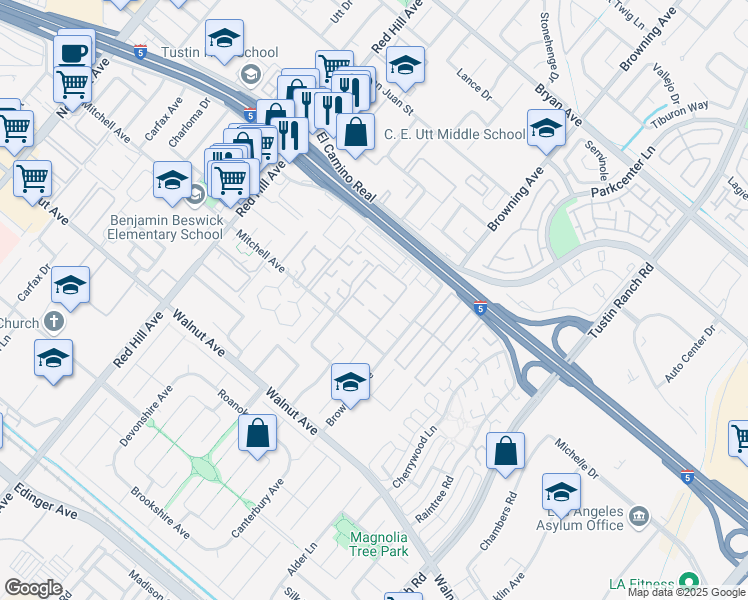 map of restaurants, bars, coffee shops, grocery stores, and more near 1951 Ren Circle in Tustin