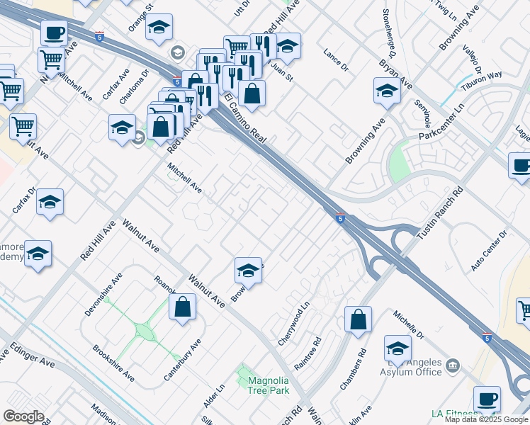 map of restaurants, bars, coffee shops, grocery stores, and more near in Tustin