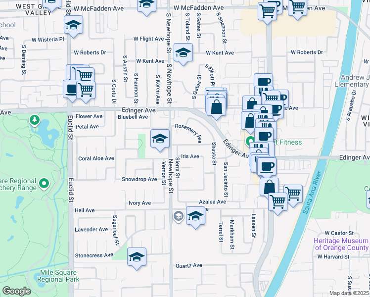 map of restaurants, bars, coffee shops, grocery stores, and more near 11596 Iris Avenue in Fountain Valley