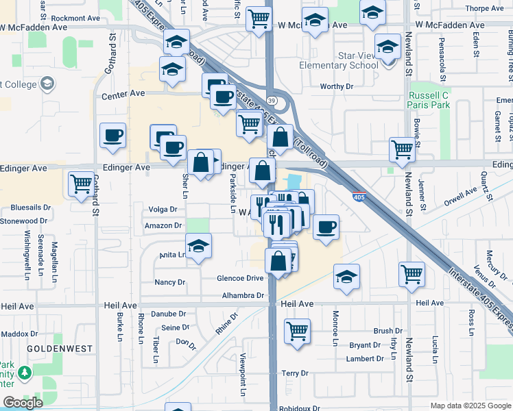 map of restaurants, bars, coffee shops, grocery stores, and more near 7942 Stark Drive in Huntington Beach