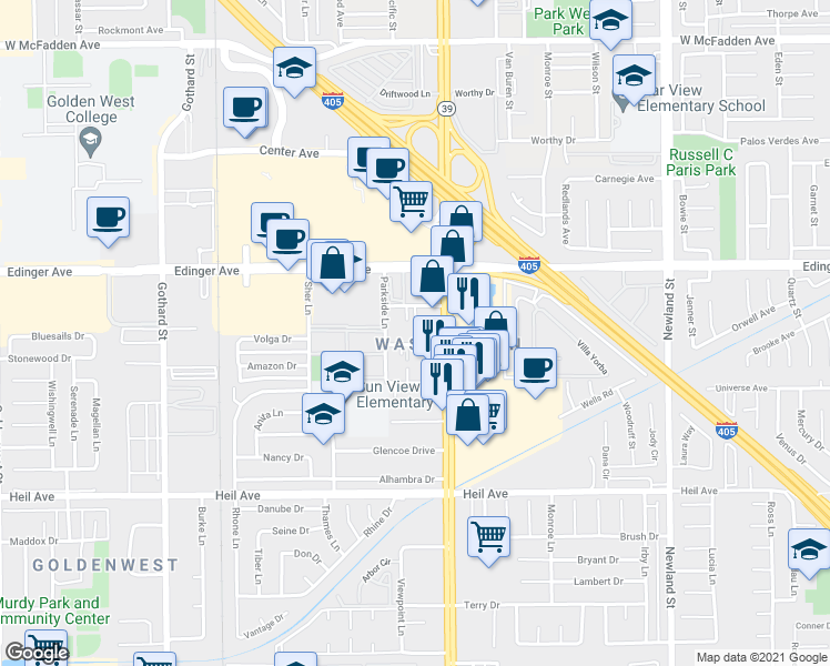 map of restaurants, bars, coffee shops, grocery stores, and more near 7942 Stark Drive in Huntington Beach