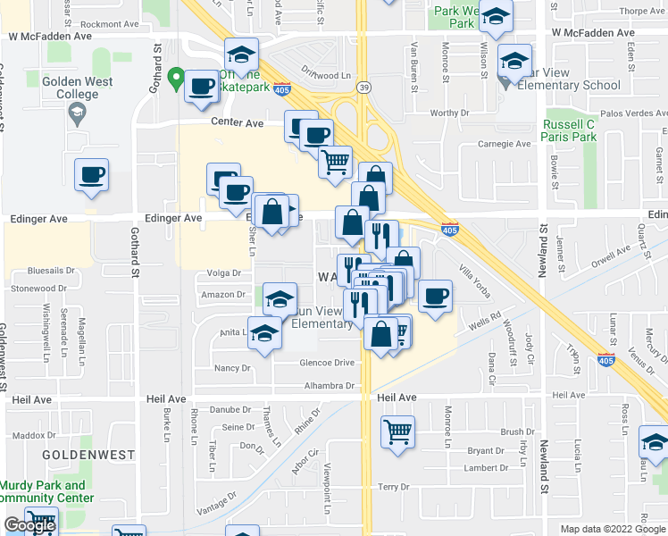 map of restaurants, bars, coffee shops, grocery stores, and more near 7942 Stark Drive in Huntington Beach
