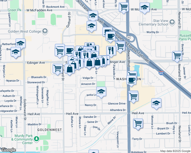 map of restaurants, bars, coffee shops, grocery stores, and more near 12 Sher Lane in Huntington Beach
