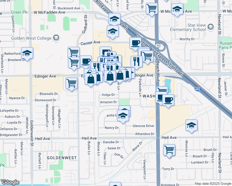 map of restaurants, bars, coffee shops, grocery stores, and more near 12 Sher Lane in Huntington Beach