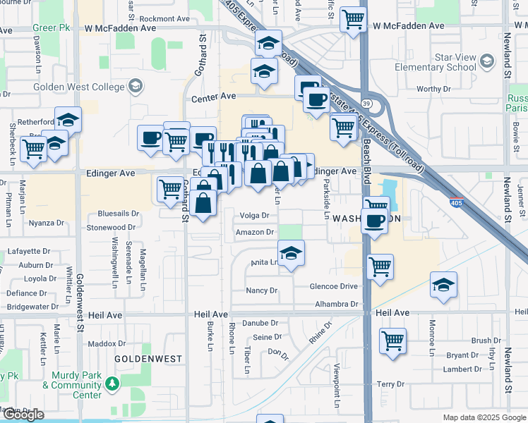 map of restaurants, bars, coffee shops, grocery stores, and more near 7602 Volga Drive in Huntington Beach