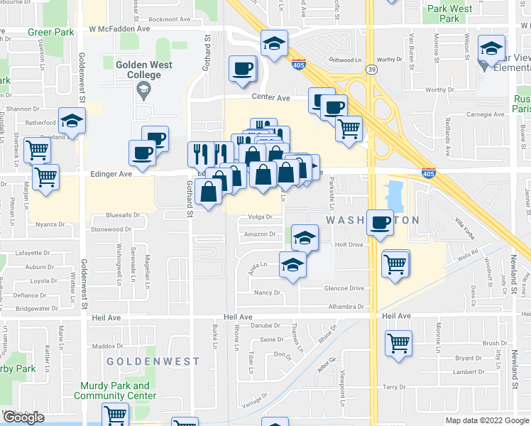 map of restaurants, bars, coffee shops, grocery stores, and more near 7602 Volga Drive in Huntington Beach