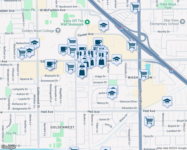 map of restaurants, bars, coffee shops, grocery stores, and more near 16171 Ganges Lane in Huntington Beach