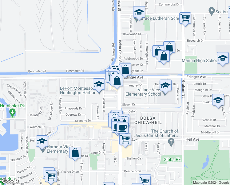 map of restaurants, bars, coffee shops, grocery stores, and more near 4932 Kona Drive in Huntington Beach