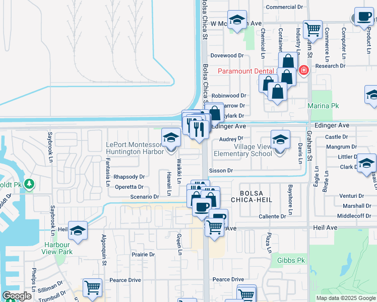 map of restaurants, bars, coffee shops, grocery stores, and more near 4932 Kona Drive in Huntington Beach