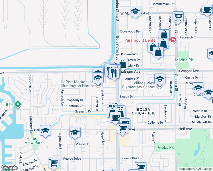 map of restaurants, bars, coffee shops, grocery stores, and more near 4932 Kona Drive in Huntington Beach