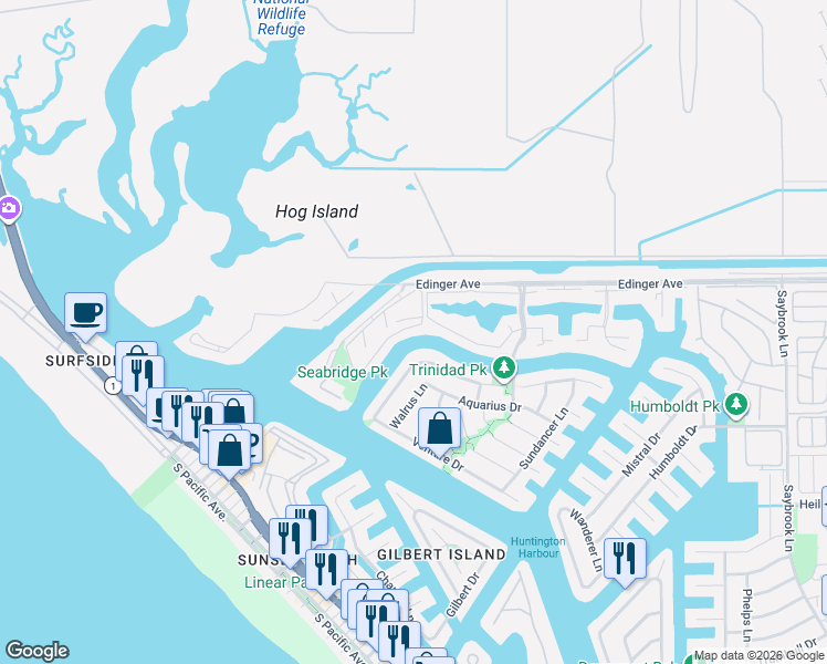 map of restaurants, bars, coffee shops, grocery stores, and more near 16191 Typhoon Lane in Huntington Beach