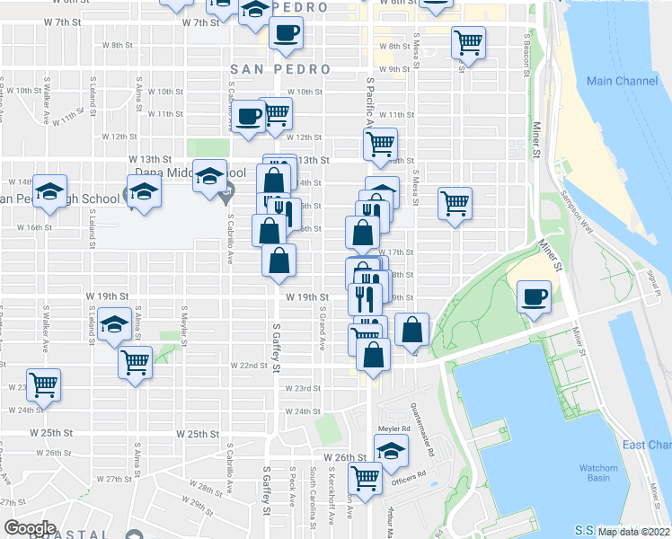 map of restaurants, bars, coffee shops, grocery stores, and more near 1818 South Grand Avenue in Los Angeles