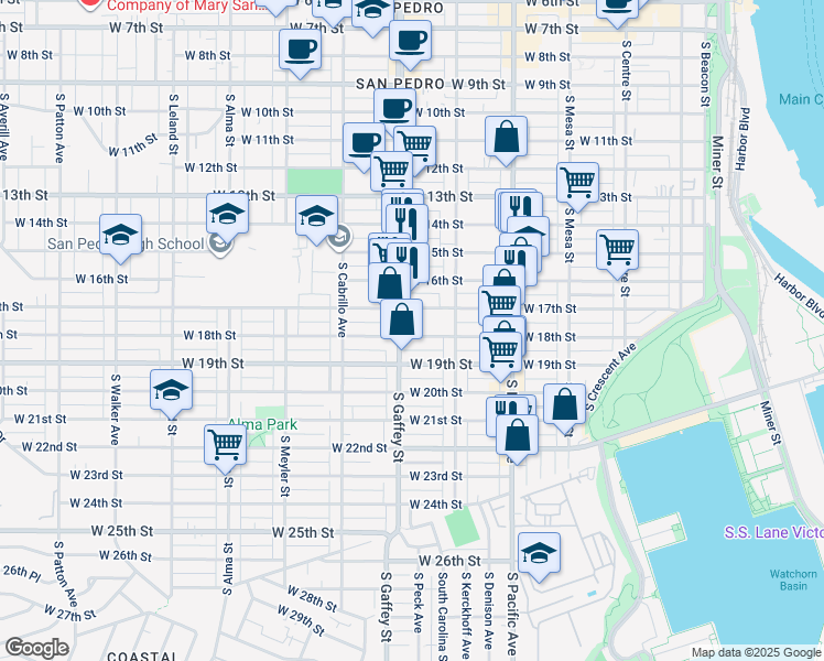 map of restaurants, bars, coffee shops, grocery stores, and more near 653 West 18th Street in Los Angeles