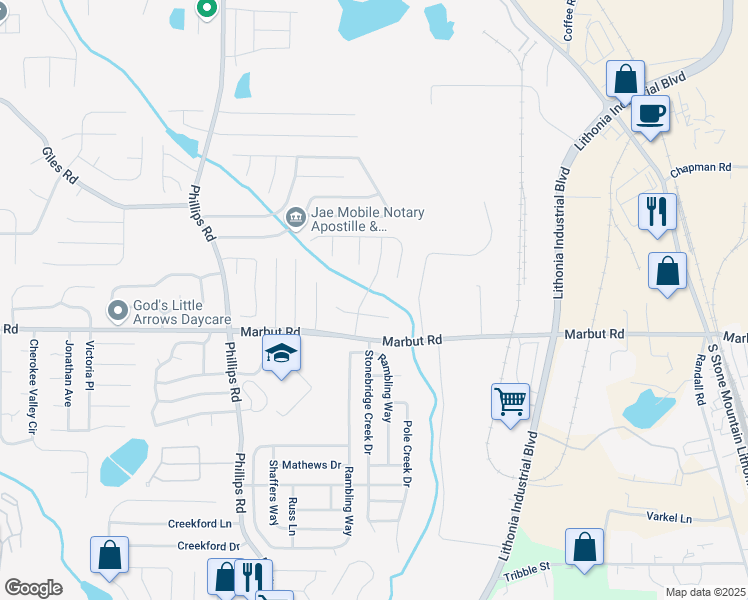 map of restaurants, bars, coffee shops, grocery stores, and more near 2080 Charter Lane in Lithonia