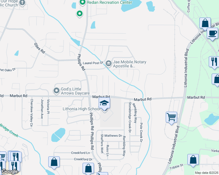 map of restaurants, bars, coffee shops, grocery stores, and more near 2097 Charles Cudd Court in Lithonia
