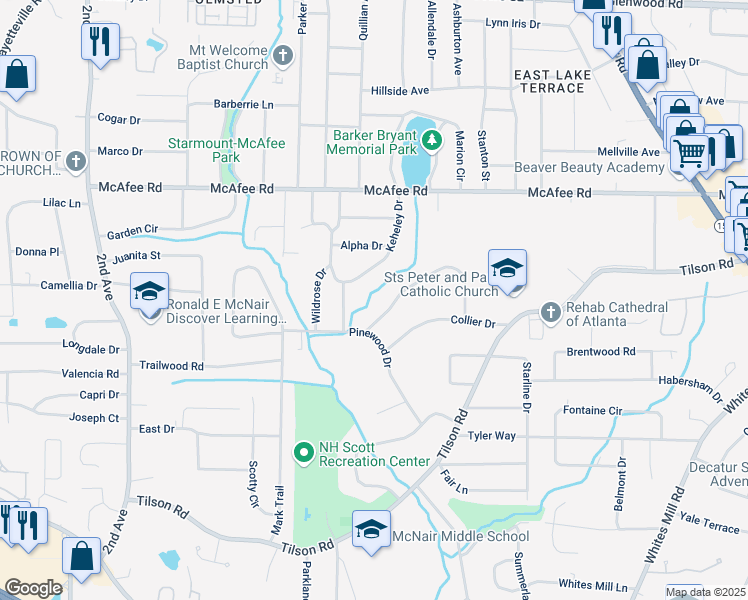 map of restaurants, bars, coffee shops, grocery stores, and more near 2270 Cresta Drive in Decatur