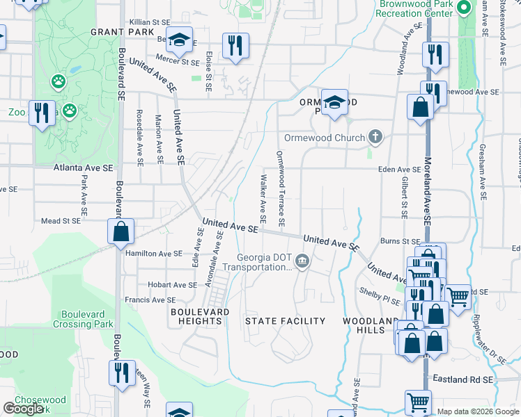 map of restaurants, bars, coffee shops, grocery stores, and more near 985 Walker Avenue Southeast in Atlanta