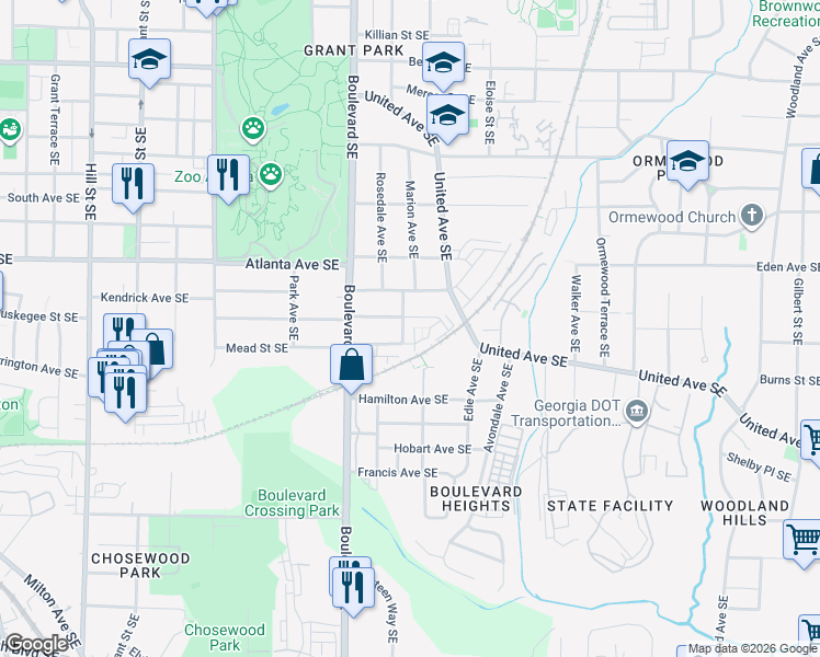 map of restaurants, bars, coffee shops, grocery stores, and more near 962 Gress Avenue Southeast in Atlanta