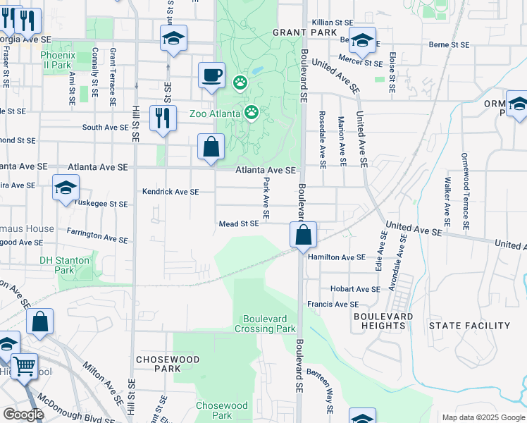 map of restaurants, bars, coffee shops, grocery stores, and more near 511 Robinson Avenue Southeast in Atlanta