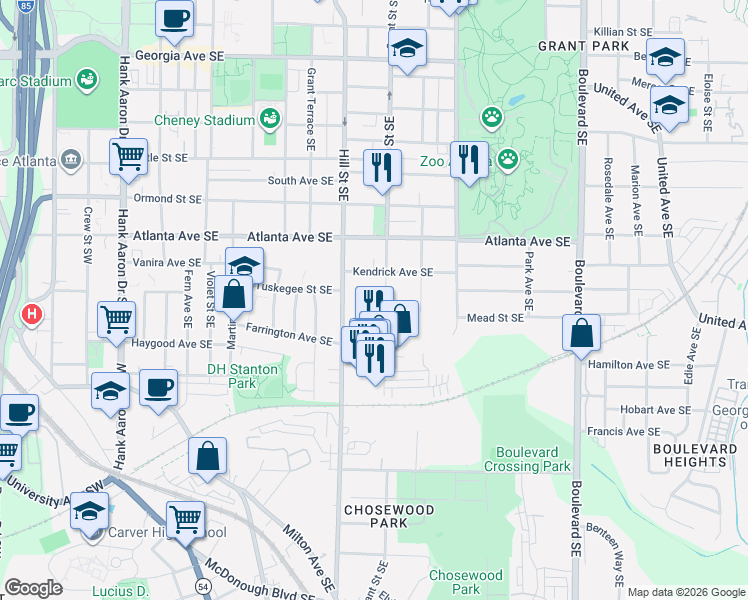 map of restaurants, bars, coffee shops, grocery stores, and more near 962 Grant Cove Place Southeast in Atlanta