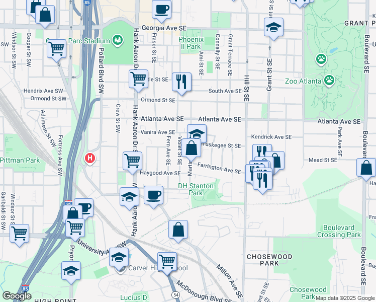 map of restaurants, bars, coffee shops, grocery stores, and more near 986 Violet Street Southeast in Atlanta