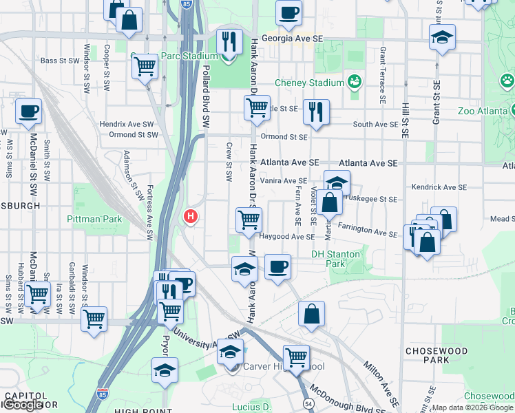 map of restaurants, bars, coffee shops, grocery stores, and more near 995 Dunning Street Southeast in Atlanta
