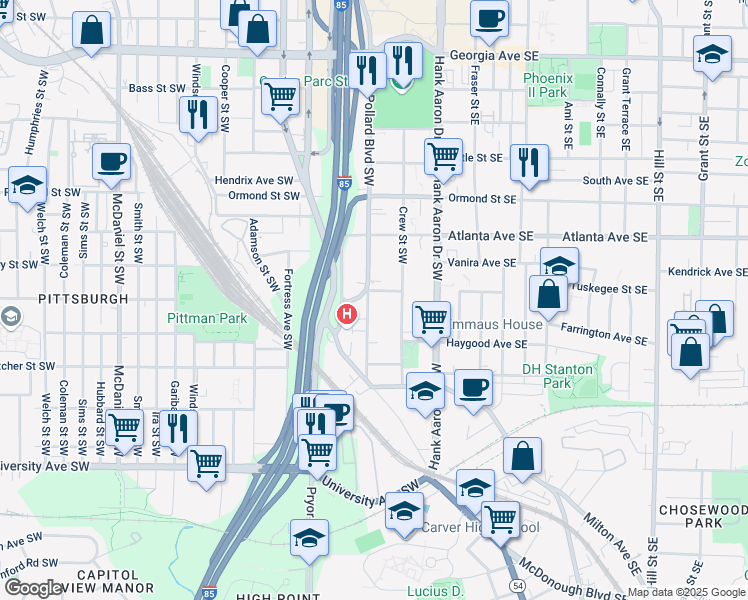 map of restaurants, bars, coffee shops, grocery stores, and more near 976 Washington Street Southwest in Atlanta