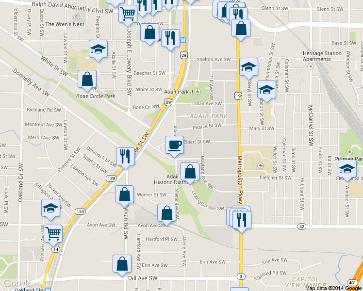map of restaurants, bars, coffee shops, grocery stores, and more near 755 Brookline Street Southwest in Atlanta