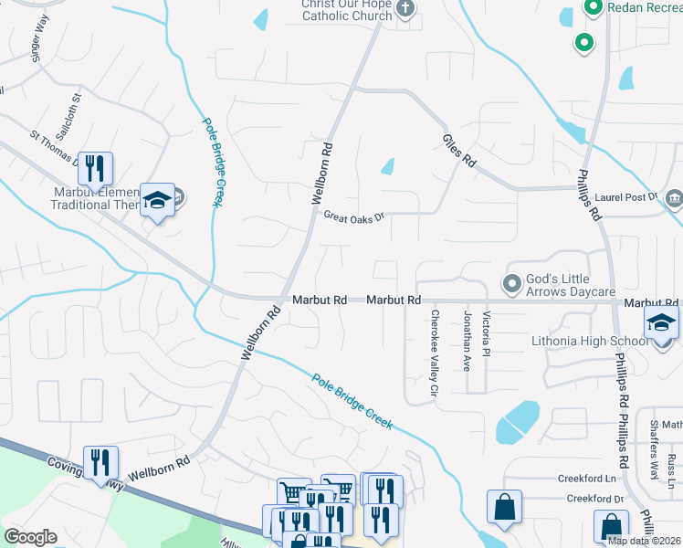 map of restaurants, bars, coffee shops, grocery stores, and more near 2070 Wellborn Close in Lithonia