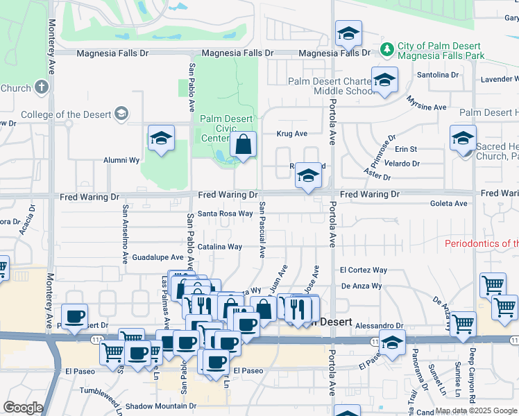 map of restaurants, bars, coffee shops, grocery stores, and more near 73740 Santa Rosa Way in Palm Desert