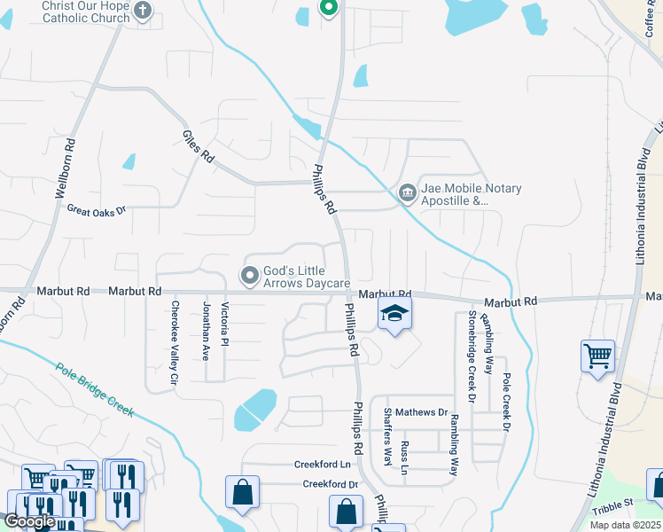 map of restaurants, bars, coffee shops, grocery stores, and more near 2097 Phillips Road in Lithonia
