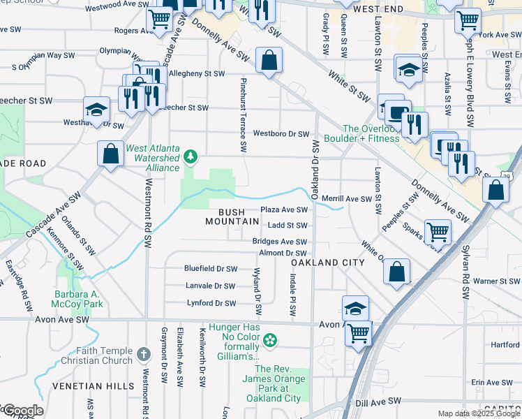 map of restaurants, bars, coffee shops, grocery stores, and more near Plaza Avenue Southwest in Atlanta