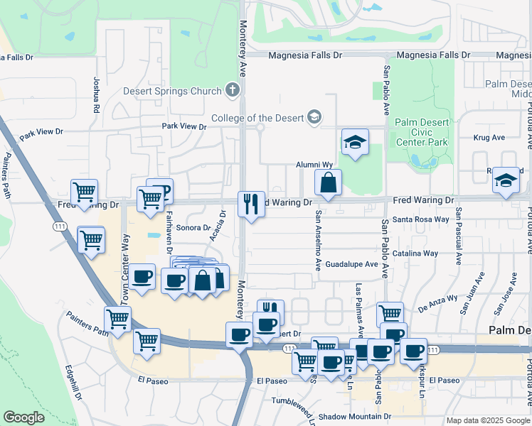 map of restaurants, bars, coffee shops, grocery stores, and more near 73090 San Nicholas Avenue in Palm Desert