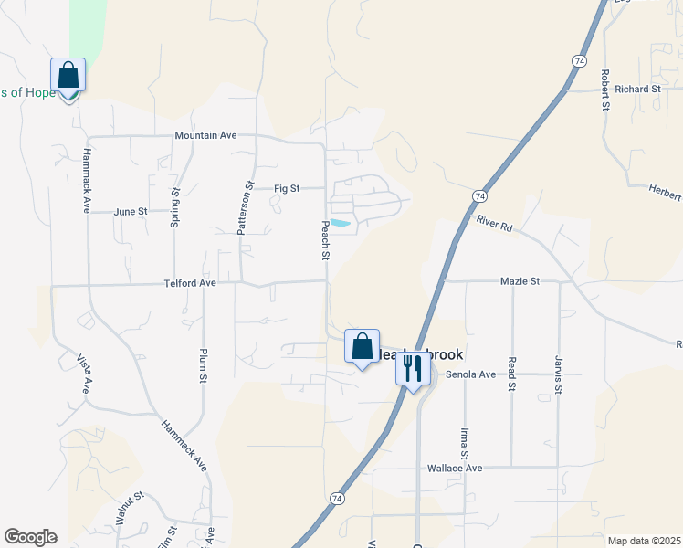 map of restaurants, bars, coffee shops, grocery stores, and more near 26980 Peach Street in Perris