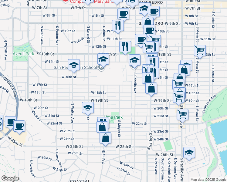 map of restaurants, bars, coffee shops, grocery stores, and more near 934 West 18th Street in Los Angeles