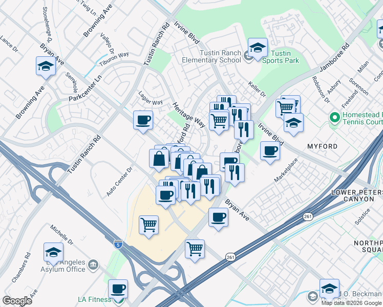 map of restaurants, bars, coffee shops, grocery stores, and more near 13439 Savanna in Tustin