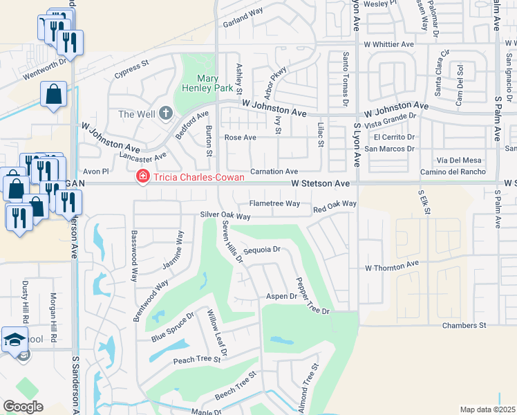 map of restaurants, bars, coffee shops, grocery stores, and more near 2085 Flame Tree Way in Hemet