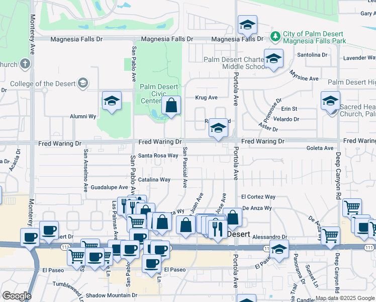 map of restaurants, bars, coffee shops, grocery stores, and more near 73775 Santa Rosa Way in Palm Desert