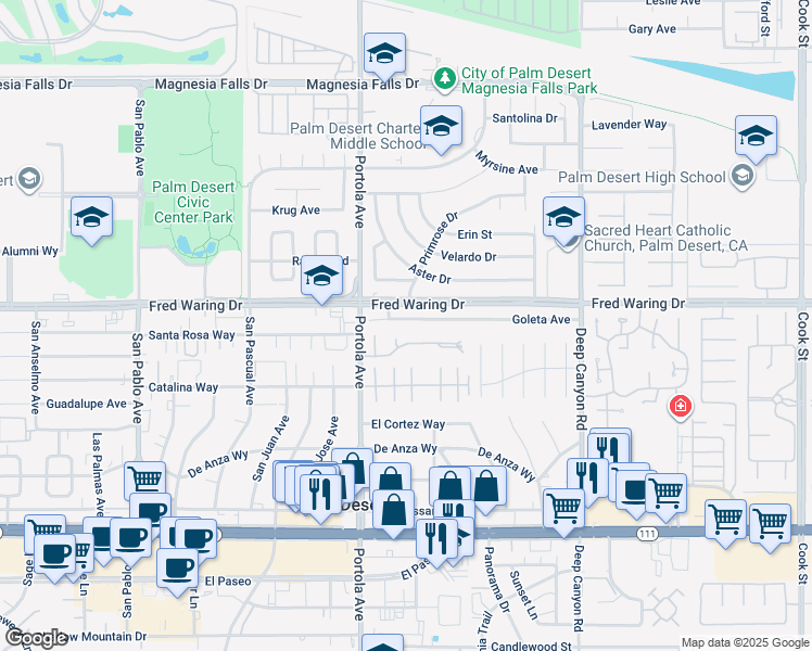 map of restaurants, bars, coffee shops, grocery stores, and more near 74130 Santa Rosa Circle in Palm Desert