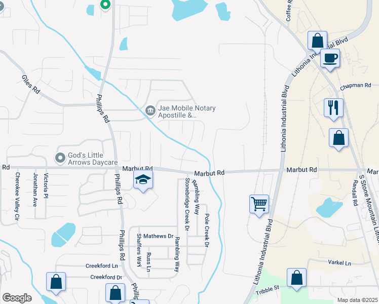 map of restaurants, bars, coffee shops, grocery stores, and more near 2080 Charter Lane in Lithonia