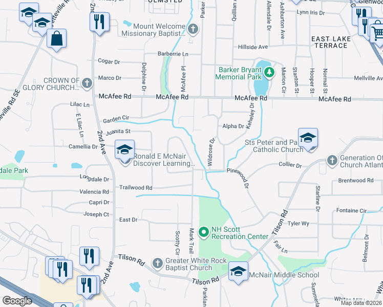 map of restaurants, bars, coffee shops, grocery stores, and more near 2144 Mark Trail in Decatur