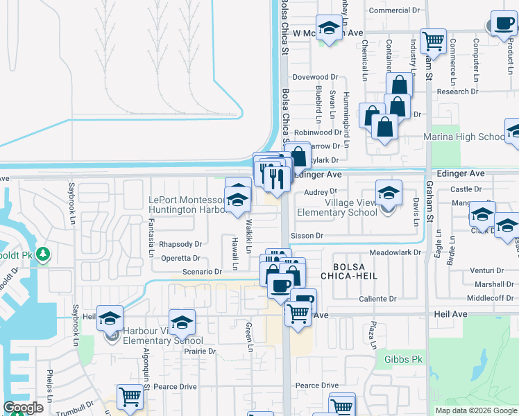 map of restaurants, bars, coffee shops, grocery stores, and more near 4891 Kona Drive in Huntington Beach