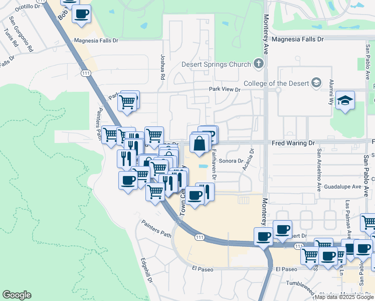 map of restaurants, bars, coffee shops, grocery stores, and more near 44421 Town Center Way in Palm Desert