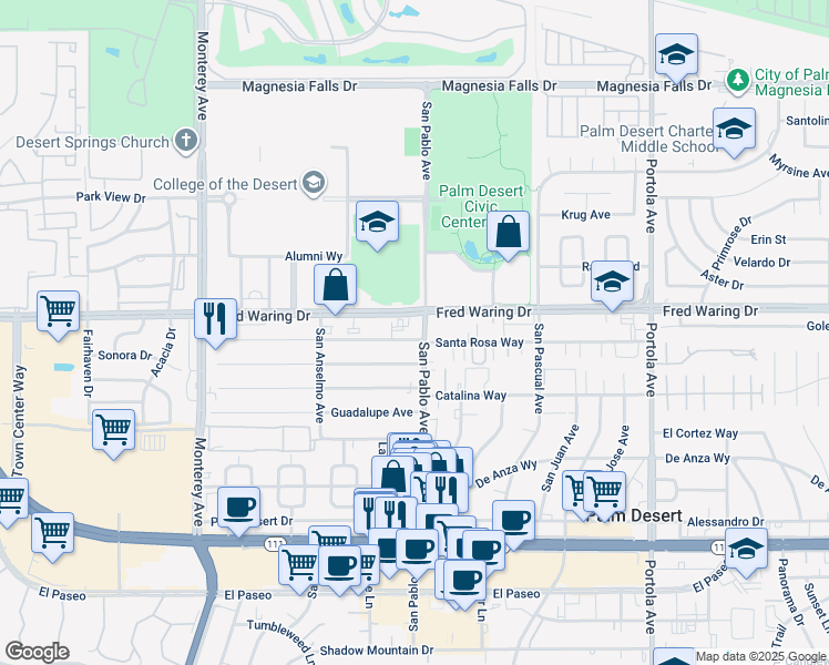 map of restaurants, bars, coffee shops, grocery stores, and more near 73444 San Nicholas Avenue in Palm Desert