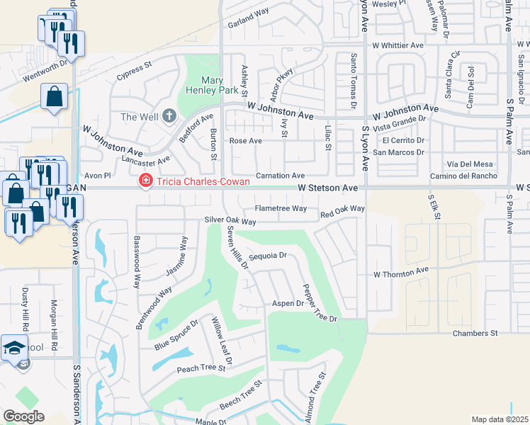 map of restaurants, bars, coffee shops, grocery stores, and more near 2085 Flame Tree Way in Hemet